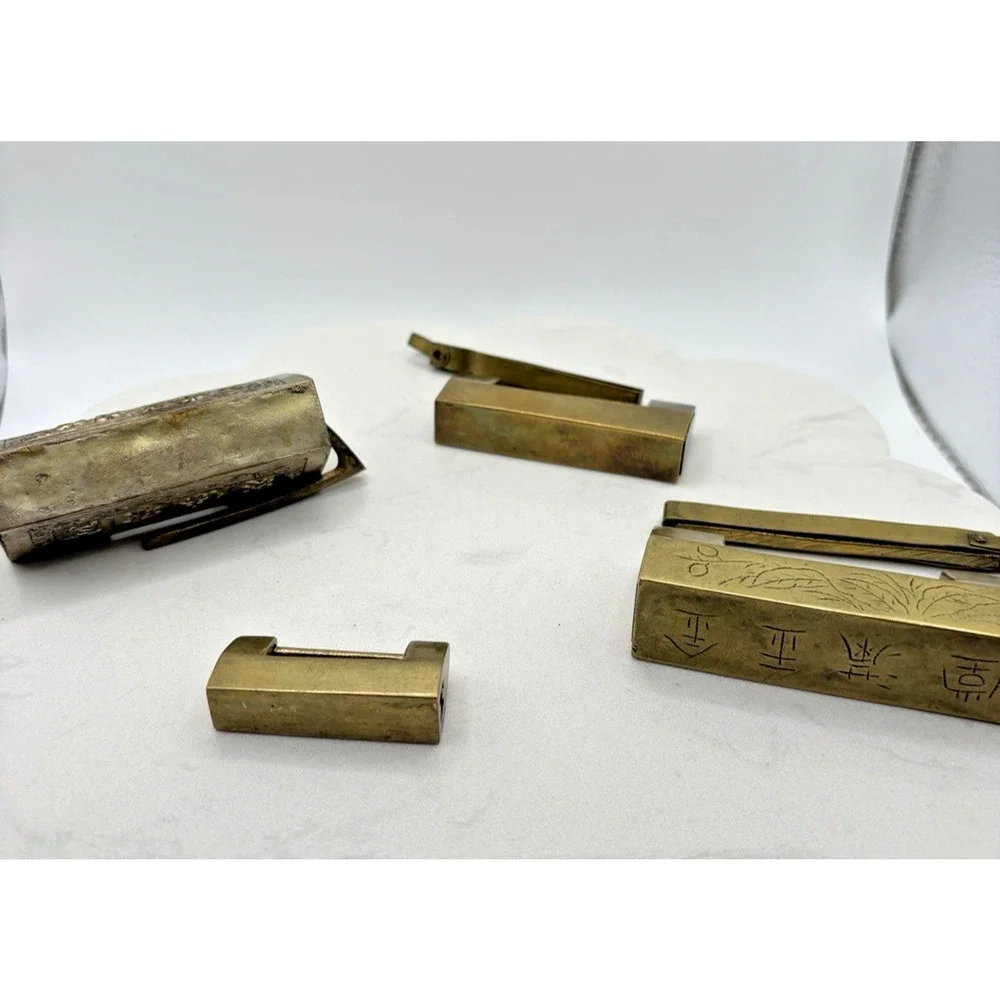 4 Antique Chinese Brass Padlocks 1 Lock w Key Extra Key 3 locks no keys Engraved